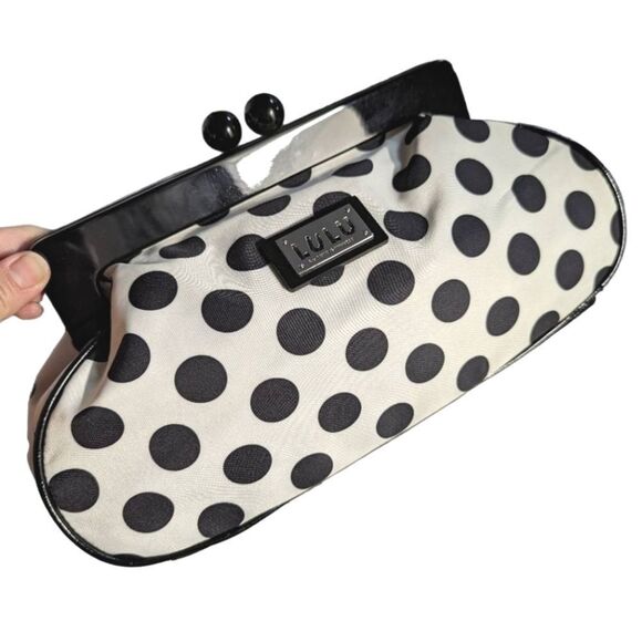 Lulu Guinness off-white cream & black polka dot magnetic kisslock clutch bag - Picture 1 of 5